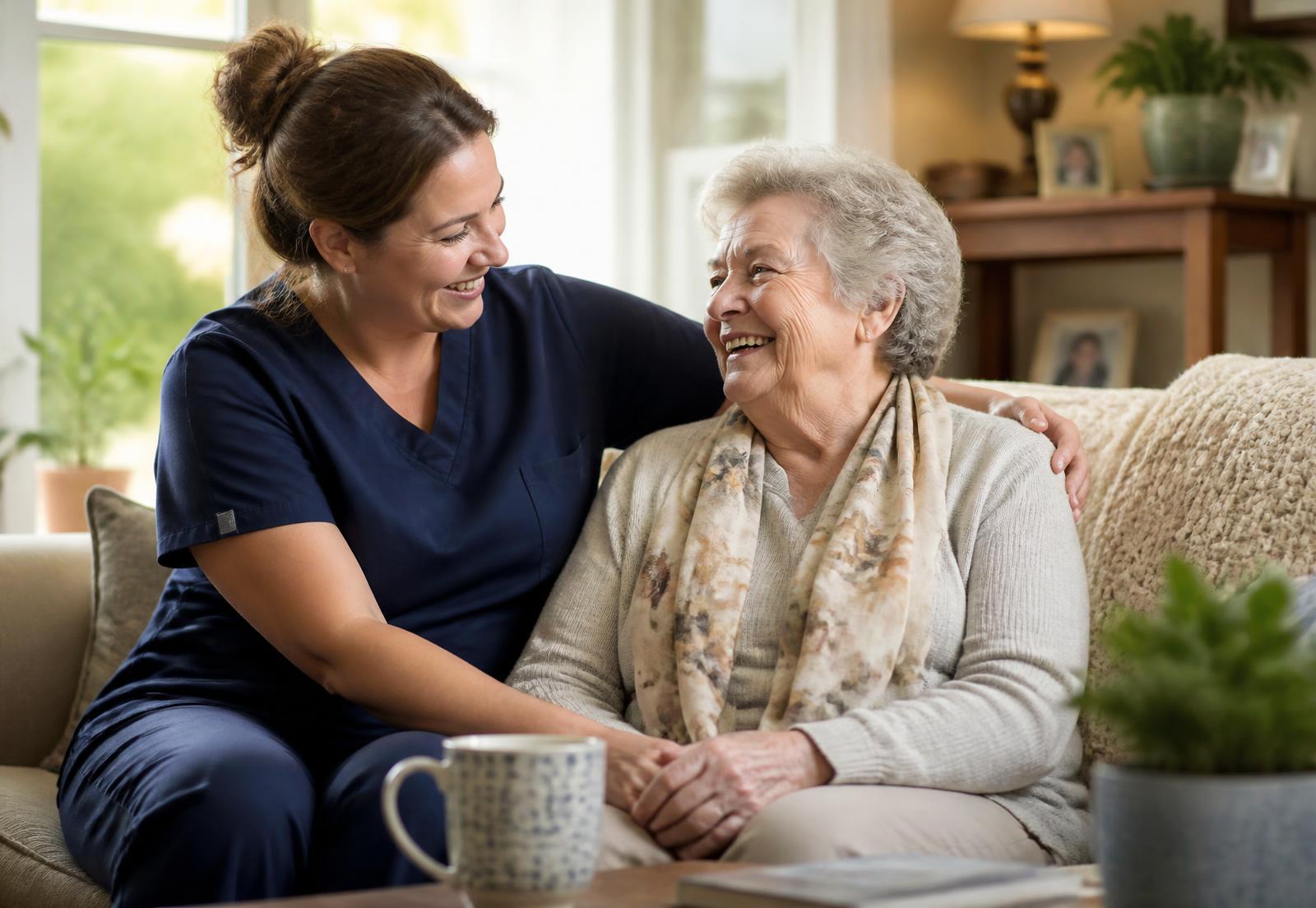 A caregiver sitting and talking warmly with an older woman in her living room